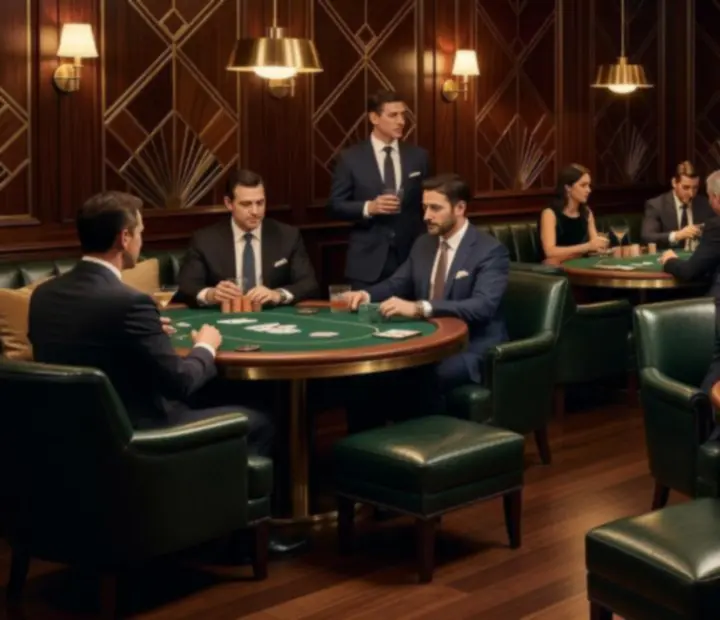 Kameralny card lounge z zielonymi stołami pokerowymi, ciemnym drewnem i skórzanymi fotelami