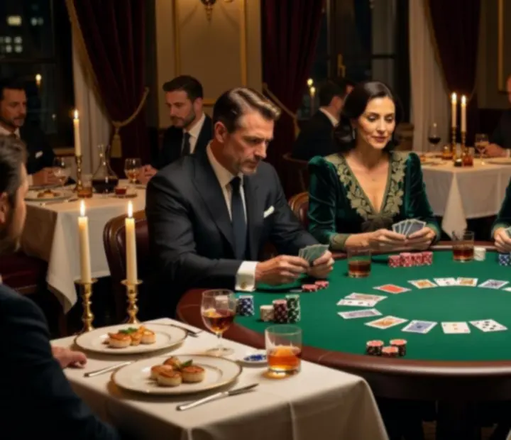 Gracze zasiadają przy eleganckim stole pokerowym w restauracji, w ciepłym świetle wiszących lamp.