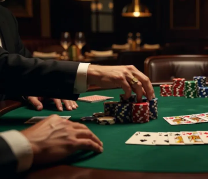 Zbliżenie na wieczorny stół pokerowy z kartami i żetonami w restauracji