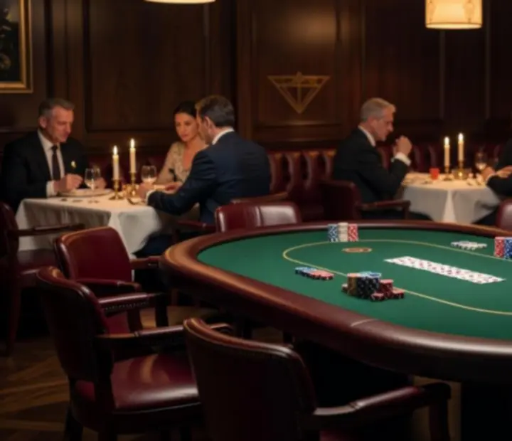 Pokerowa card lounge i restauracja ADSIGHT LTD – elegancki stół pokerowy z zielonym suknem, żetonami i kartami na tle kolacji
