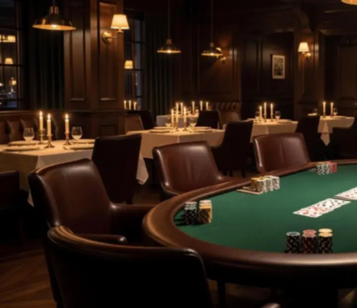 Turniejowy wieczór Texas Hold’em w eleganckiej restauracji ADSIGHT LTD, stół pokerowy z zielonym suknem, karty i żetony w ciepłym świetle