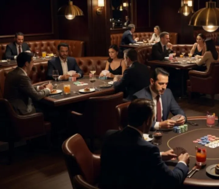 Nocny card room z koktajlami i stolikami w restauracji ADSIGHT LTD