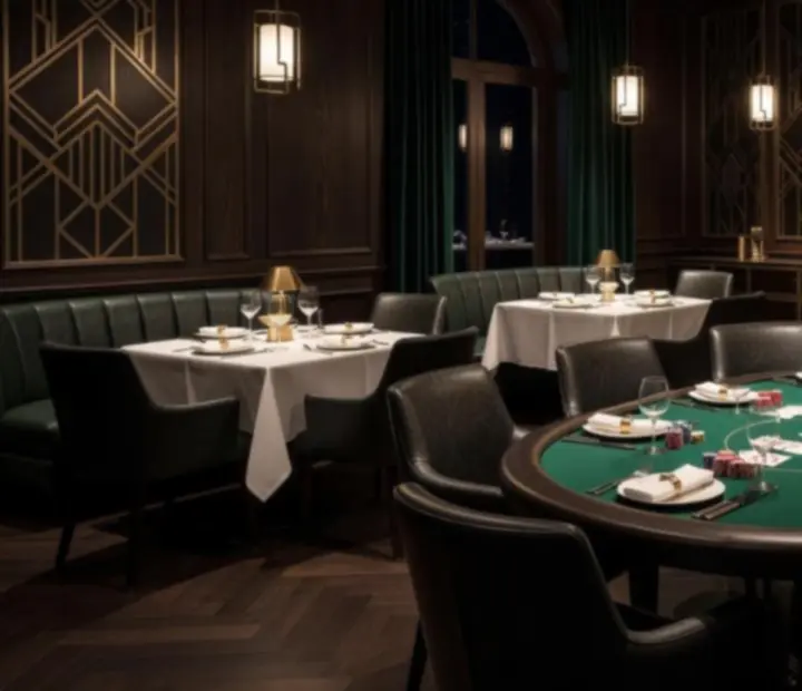 Eleganckie wnętrze restauracji z zielonym stołem pokerowym w ADSIGHT LTD
