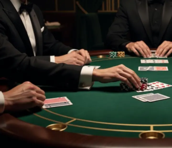 Goście przy stole pokerowym w restauracji uczący się zasad pokerowego savoir-vivre
