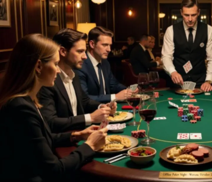 Fotografia z wieczoru pokerowego w ADSIGHT LTD – goście przy stołach pokerowych, żetony i karty w ciepłym świetle