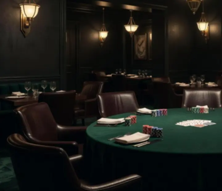 Wnętrze restauracji ADSIGHT LTD z eleganckim pokerowym stołem, zielonym suknem i żetonami