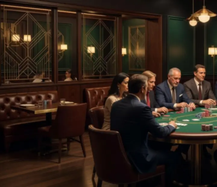 Kameralny poker room z zielonym suknem, stołami pokerowymi i elegancką restauracją ADSIGHT LTD w wieczornym świetle.