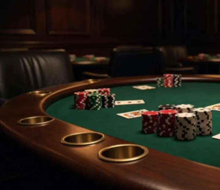 Detal ekskluzywnego stołu pokerowego z zielonym suknem, żetonami i kartami