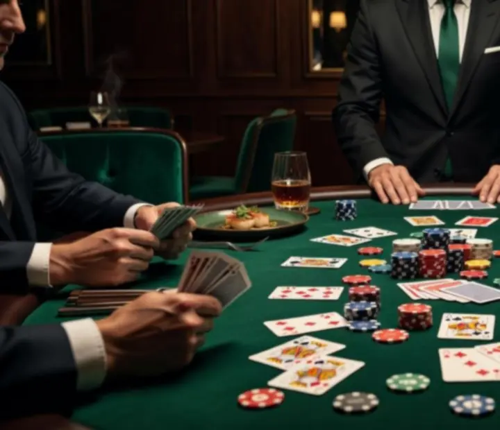 Elegancki stół pokerowy Texas Hold’em z zielonym suknem i żetonami podczas turnieju w restauracji ADSIGHT LTD