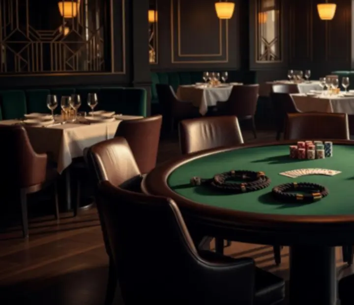 Elegancka restauracja z zielonym stołem pokerowym, kartami i żetonami w wieczornym świetle