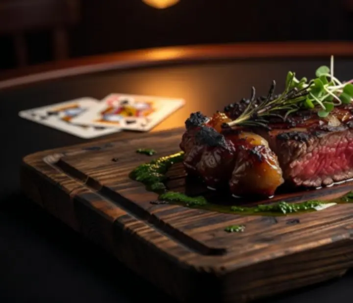 Stek szefa kuchni serwowany w ciemnym, eleganckim wnętrzu poker bistro