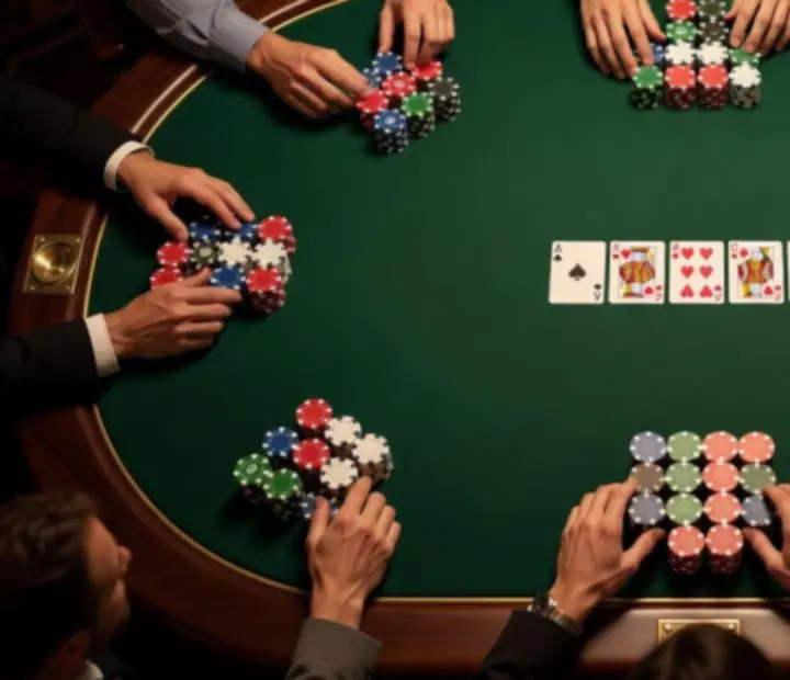 Stół Texas Hold’em z zielonym suknem, kartami i żetonami w restauracji ADSIGHT LTD