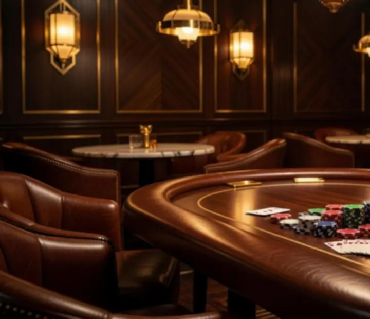 Ciepłe wiszące lampy, świeczniki i półmrok tworzący nastrój Dark Emerald Poker Bistro.
